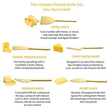 Berglander Gold Cheese Knife Set of 5 for All Types of Cheese, Golden Titanium Plating Cheese Cutter Slicer Ergonomic Design for Confortable Grip and Cut, Butter Spreader Knife