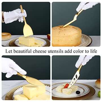 Berglander Gold Cheese Knife Set of 5 for All Types of Cheese, Golden Titanium Plating Cheese Cutter Slicer Ergonomic Design for Confortable Grip and Cut, Butter Spreader Knife