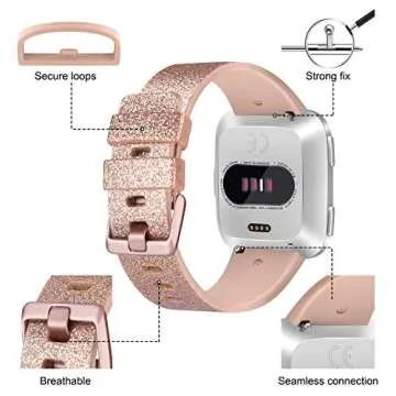 Tobfit Sport Bands Compatible with Fitbit Versa 2/Versa/Versa Lite/Versa SE, Soft TPU Wristbands Accessories for Women Men (Glitter Rose Gold, Small)
