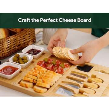 Easoger Bamboo Charcuterie Boards and Knife Set, 3 in 1 Magnetic Extra Large Cheese Board with 3 Bow...