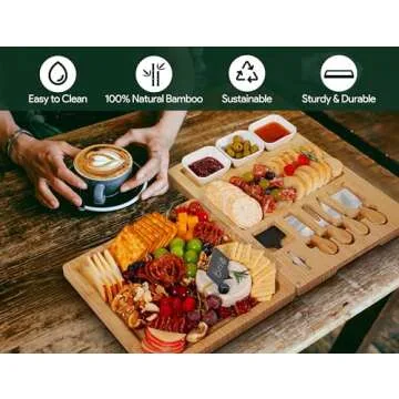 Easoger Bamboo Charcuterie Boards and Knife Set, 3 in 1 Magnetic Extra Large Cheese Board with 3 Bowls, Wedding Gifts, Christmas Gifts, House Warming Gifts for Couples