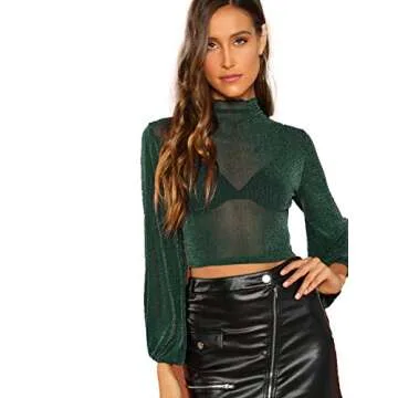 ROMWE Women's Bishop Sleeve Glitter Sexy Sheer Mesh Crop Blouse Top Green Medium
