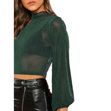 ROMWE Women's Bishop Sleeve Glitter Sexy Sheer Mesh Crop Blouse Top Green Medium