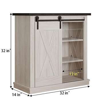 OLD CAPTAIN 32" Farmhouse Coffee Bar Cabinet with Sliding Barn Door, Wooden Cabinet with Adjustable Shelves, Versatile Storage for Kitchen, Dining, Living Room, White