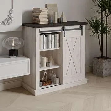 OLD CAPTAIN 32" Farmhouse Coffee Bar Cabinet with Sliding Barn Door, Wooden Cabinet with Adjustable Shelves, Versatile Storage for Kitchen, Dining, Living Room, White