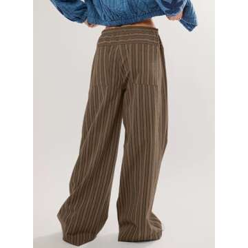 Acelitt Women's Casual Striped Color Block Pants - Trendy Comfy Loose Wide Leg Trousers with Pockets