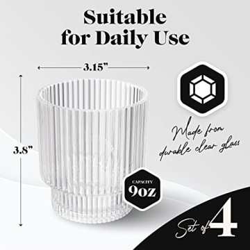 American Atelier Vintage Art Deco Fluted Drinking Glasses | Ribbed Glassware for Cocktail, Gin, Whiskey, & More | Modern Glassware | Lowball Fluted Cocktail Glasses | Set of 4 | 9 Oz (Clear)