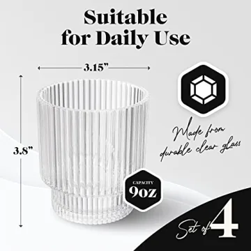 American Atelier Vintage Art Deco Fluted Drinking Glasses | Ribbed Glassware for Cocktail, Gin, Whiskey, & More | Modern Glassware | Lowball Fluted Cocktail Glasses | Set of 4 | 9 Oz (Clear)