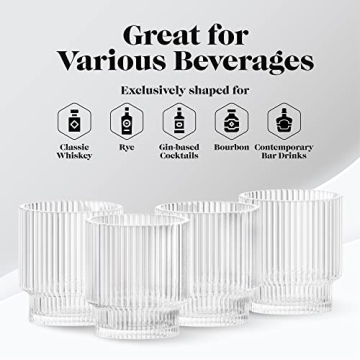 American Atelier Vintage Art Deco Fluted Drinking Glasses | Ribbed Glassware for Cocktail, Gin, Whiskey, & More | Modern Glassware | Lowball Fluted Cocktail Glasses | Set of 4 | 9 Oz (Clear)