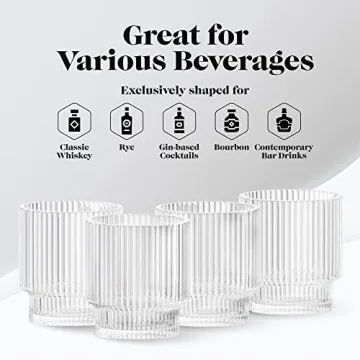 American Atelier Vintage Art Deco Fluted Drinking Glasses | Ribbed Glassware for Cocktail, Gin, Whiskey, & More | Modern Glassware | Lowball Fluted Cocktail Glasses | Set of 4 | 9 Oz (Clear)