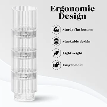 American Atelier Vintage Art Deco Fluted Drinking Glasses | Ribbed Glassware for Cocktail, Gin, Whiskey, & More | Modern Glassware | Lowball Fluted Cocktail Glasses | Set of 4 | 9 Oz (Clear)