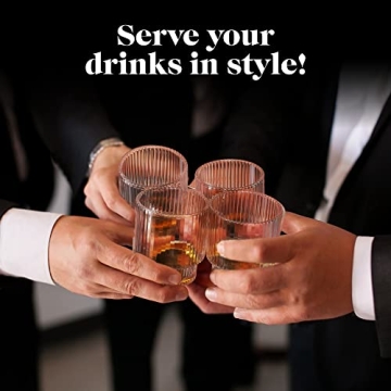 American Atelier Vintage Art Deco Fluted Drinking Glasses | Ribbed Glassware for Cocktail, Gin, Whiskey, & More | Modern Glassware | Lowball Fluted Cocktail Glasses | Set of 4 | 9 Oz (Clear)