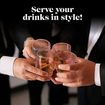 American Atelier Vintage Art Deco Fluted Drinking Glasses | Ribbed Glassware for Cocktail, Gin, Whiskey, & More | Modern Glassware | Lowball Fluted Cocktail Glasses | Set of 4 | 9 Oz (Clear)