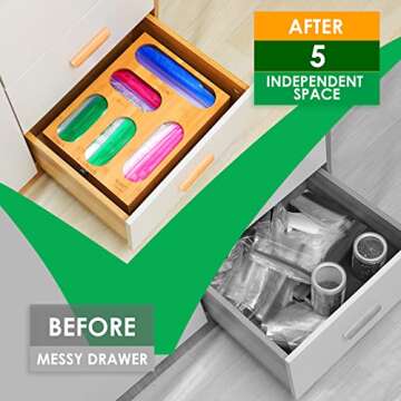 GPCCORU Food Storage Bag Holders Boxes-Premium Bamboo Kitchen Drawer Organizer Dispenser with lids,Compatible with Quart slider,Gallon,Quart,Snack,Sandwich Variety Size Ziplock Bags