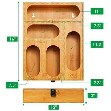 GPCCORU Food Storage Bag Holders Boxes-Premium Bamboo Kitchen Drawer Organizer Dispenser with lids,Compatible with Quart slider,Gallon,Quart,Snack,Sandwich Variety Size Ziplock Bags