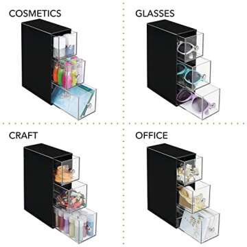 mDesign Plastic Kitchen Pantry Stackable Storage Organizer Container Station with 3 Drawers for Cabinet, Countertop, Holds Coffee, Tea, Sugar Packets, Creamers - Lumiere Collection - Black/Clear