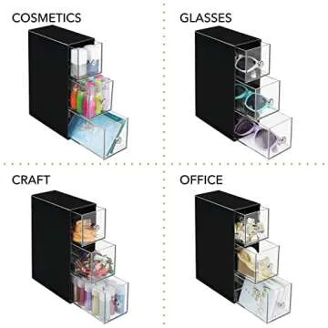 mDesign Plastic Kitchen Pantry Stackable Storage Organizer Container Station with 3 Drawers for Cabinet, Countertop, Holds Coffee, Tea, Sugar Packets, Creamers - Lumiere Collection - Black/Clear