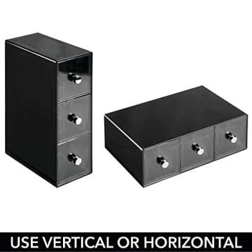 mDesign Plastic Kitchen Pantry Stackable Storage Organizer Container Station with 3 Drawers for Cabinet, Countertop, Holds Coffee, Tea, Sugar Packets, Creamers - Lumiere Collection - Black/Clear