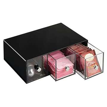 mDesign Plastic Kitchen Pantry Stackable Storage Organizer Container Station with 3 Drawers for Cabinet, Countertop, Holds Coffee, Tea, Sugar Packets, Creamers - Lumiere Collection - Black/Clear