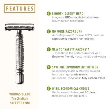VIKINGS BLADE Double Edge Safety Razor for Men + 5 Swedish Steel Blades + Luxury Case. Smooth, Reusa...