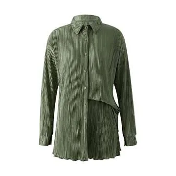 NUFIWI Women 2 Piece Pleated Pants Set Long Sleeve Button Down Shirt Blouse Top Wide Leg Pants Outfits Y2K Fashion Streetwear(Ruffle Light Green,X-Large)