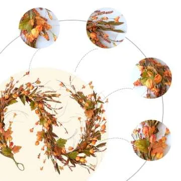 Fall Leaves Garland - 82" Autumn Orange Maple Floral Wreath with Forsythia for Front Door, Harvest T...