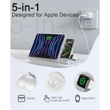 5-in-1 Magnetic Wireless Charging Stand for Apple Mag-Safe Charger with Night Light for iPhone 16/15...