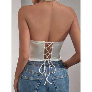GIYKBX Women's Strapless Corset Top Pearl Tassels Lace Up Sleeveless Bustier Crop Tube Tops, White S