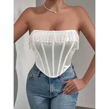 GIYKBX Elegant Strapless Corset Top with Pearl Tassels