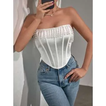 GIYKBX Elegant Strapless Corset Top with Pearl Tassels