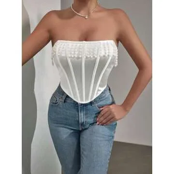 GIYKBX Elegant Strapless Corset Top with Pearl Tassels