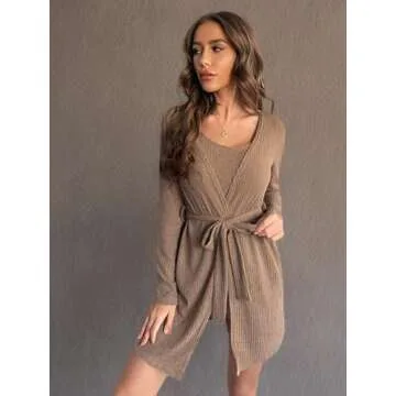 Verdusa Women's 3 Piece Cami Top & Shorts Lounge Sleepwear Pajama Set with Robe Mocha Brown M