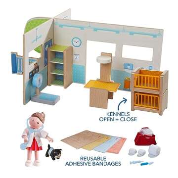 HABA Little Friends Veterinary Clinic Play Set - 4 Detailed Rooms with 1 Vet Figure, Kitten, Kennels...