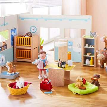 HABA Little Friends Veterinary Clinic Play Set - 4 Detailed Rooms with 1 Vet Figure, Kitten, Kennels and Accessories