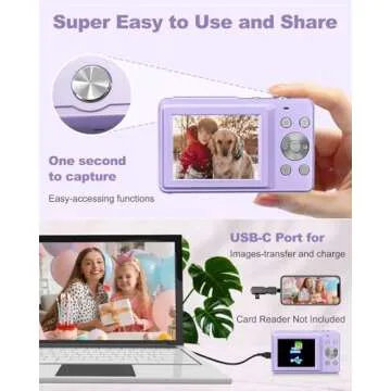 Digital Camera Small Camera for Photography Digital Point and Shoot Cameras with FHD 1080P, 32GB Card, 16X Zoom Anti Shake Kids Camera, Purple