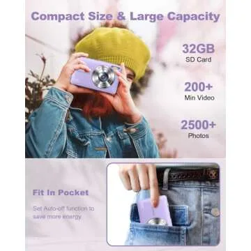 Digital Camera Small Camera for Photography Digital Point and Shoot Cameras with FHD 1080P, 32GB Card, 16X Zoom Anti Shake Kids Camera, Purple
