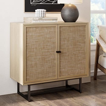 Nathan James Kova Accent Sideboard Storage Cabinet in Light Wood and Rattan with Metal Frame, Adjustable Shelves and Cane Doors, for Hallway, or Living Room, Light Oak/Cane/Black