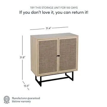 Nathan James Kova Accent Sideboard Storage Cabinet in Light Wood and Rattan with Metal Frame, Adjustable Shelves and Cane Doors, for Hallway, or Living Room, Light Oak/Cane/Black