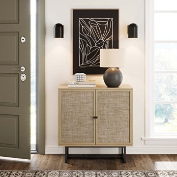 Nathan James Kova Accent Sideboard Storage Cabinet in Light Wood and Rattan with Metal Frame, Adjustable Shelves and Cane Doors, for Hallway, or Living Room, Light Oak/Cane/Black