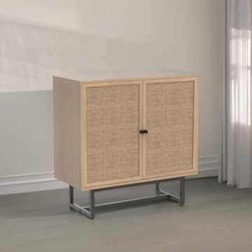 Nathan James Kova Accent Sideboard Storage Cabinet in Light Wood and Rattan with Metal Frame, Adjustable Shelves and Cane Doors, for Hallway, or Living Room, Light Oak/Cane/Black