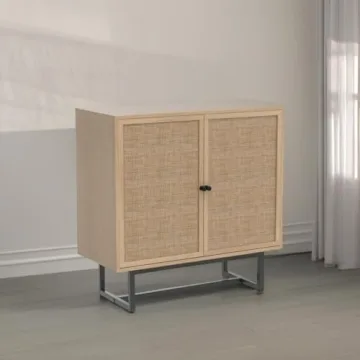 Nathan James Kova Accent Sideboard Storage Cabinet in Light Wood and Rattan with Metal Frame, Adjustable Shelves and Cane Doors, for Hallway, or Living Room, Light Oak/Cane/Black