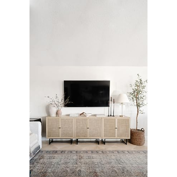 Nathan James Kova Accent Sideboard Storage Cabinet in Light Wood and Rattan with Metal Frame, Adjustable Shelves and Cane Doors, for Hallway, or Living Room, Light Oak/Cane/Black