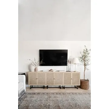 Nathan James Kova Accent Sideboard Storage Cabinet in Light Wood and Rattan with Metal Frame, Adjustable Shelves and Cane Doors, for Hallway, or Living Room, Light Oak/Cane/Black