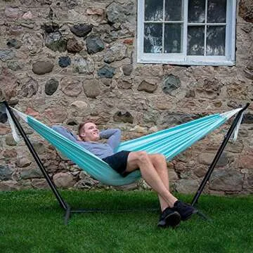 Vivere Double Polyester Hammock with Space Saving Steel Stand and Premium Carry Bag - 450 lb Capacity