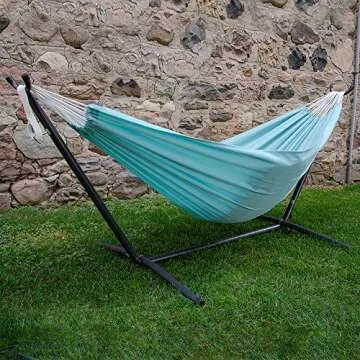 Vivere Double Polyester Hammock with Space Saving Steel Stand and Premium Carry Bag - 450 lb Capacity