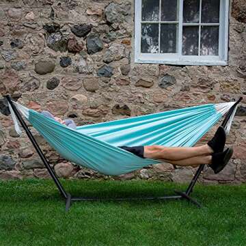 Vivere Double Polyester Hammock with Space Saving Steel Stand and Premium Carry Bag - 450 lb Capacity