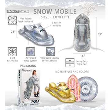 POZA Inflatable Silver Snowmobile Sled – Luxurious Gray Snow Sled with Handles and Filled with Silver Snowflake Confetti, Premium Cold Resistant Heavy Duty PVC Sled for Adults and Kids – 51 Inch