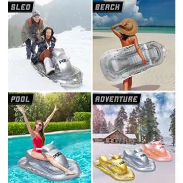 POZA Inflatable Silver Snowmobile Sled – Luxurious Gray Snow Sled with Handles and Filled with Silver Snowflake Confetti, Premium Cold Resistant Heavy Duty PVC Sled for Adults and Kids – 51 Inch