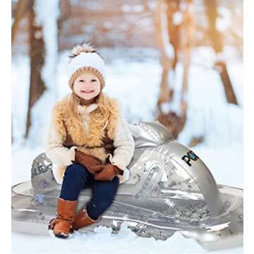 POZA Inflatable Silver Snowmobile Sled – Luxurious Gray Snow Sled with Handles and Filled with Silver Snowflake Confetti, Premium Cold Resistant Heavy Duty PVC Sled for Adults and Kids – 51 Inch