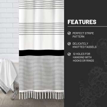 Awellife Black and White Shower Curtain for Bathroom Stripe Tassel Shower Curtain 72 X 72 Inches Farmhouse Linen